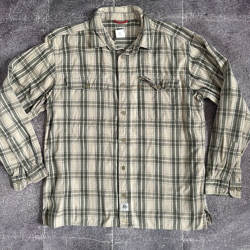 Men's Vintage Y2K The North Face Beige Green Cotton Flannel Button Up Shirt Sz L - Picture 1 of 4